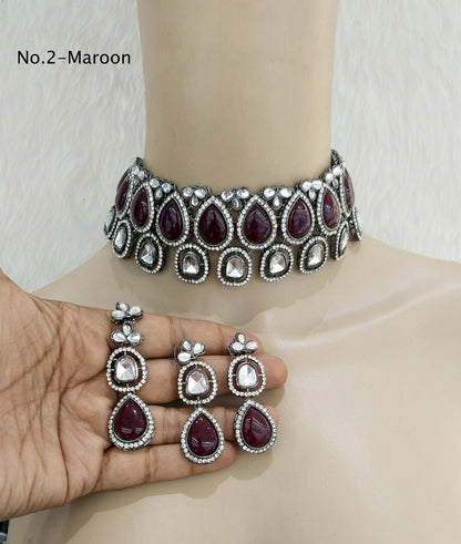 Oxidized silver kundan choker Set/ antique silver maroon tribal Indian bridal shelf Jewellery