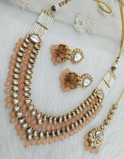 Indian Jewellery/ Gold peach Bridal Kundan layered necklace Set Indian branded Necklace set