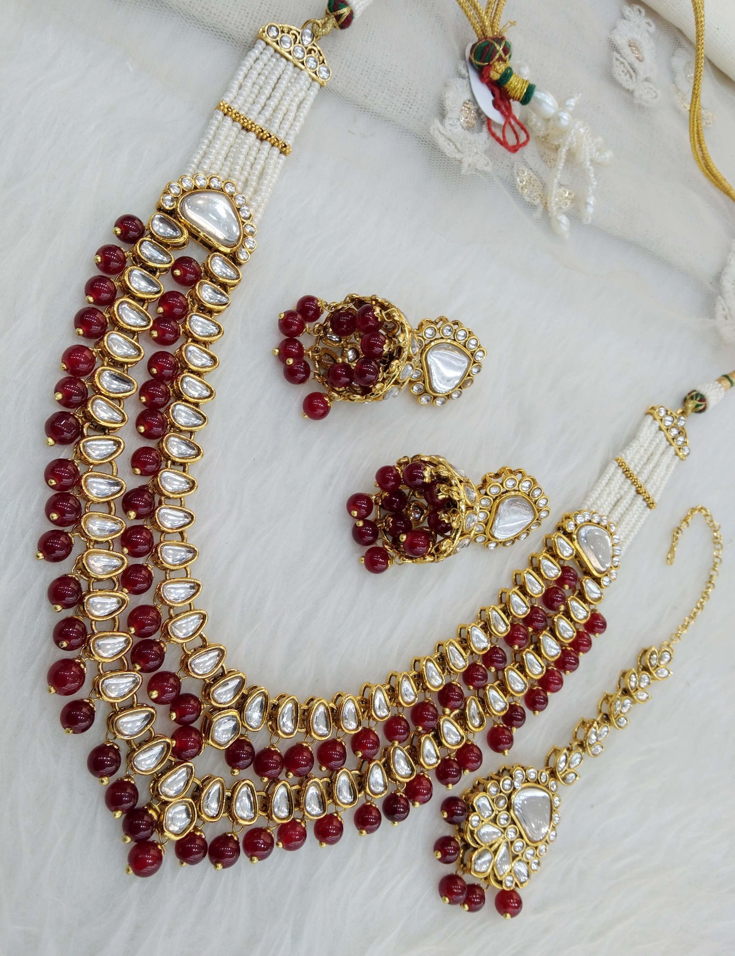 Indian Jewellery/ Gold maroon Bridal Kundan layered necklace Set Indian branded Necklace set