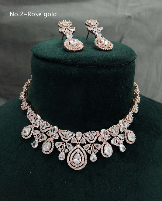 Cubic zirconia diamond necklace set, Rose gold necklace set CZ power necklace set