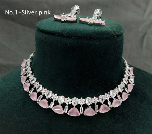 Cubic zirconia diamond Necklace set,Jewellery  Silver pink necklace set CZ check necklace set