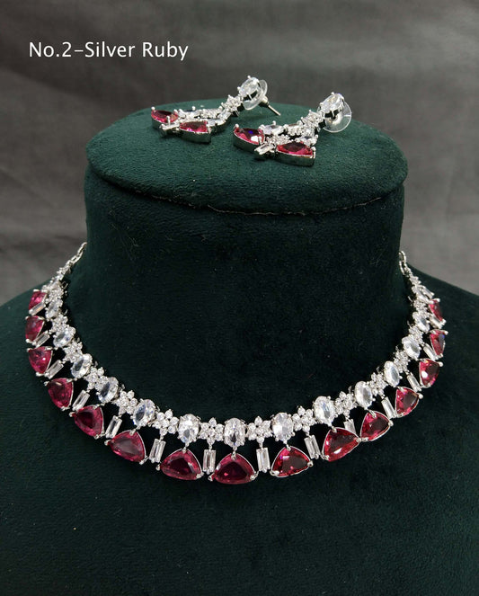 American  diamond Necklace Jewellery set, Silver ruby necklace set CZ check necklace set