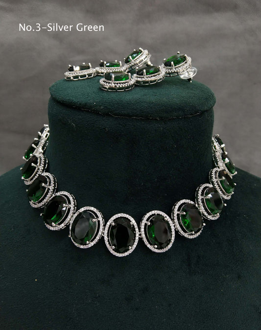 Cubic Zirconia Diamond Necklace set,Silver green  necklace set CZ sheet necklace set