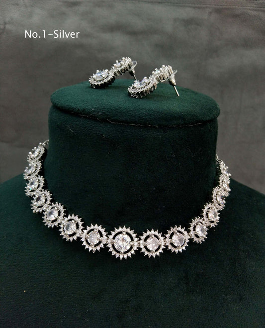 American Diamond Necklace Jewellery set,Silver necklace set CZ sheet Necklace set