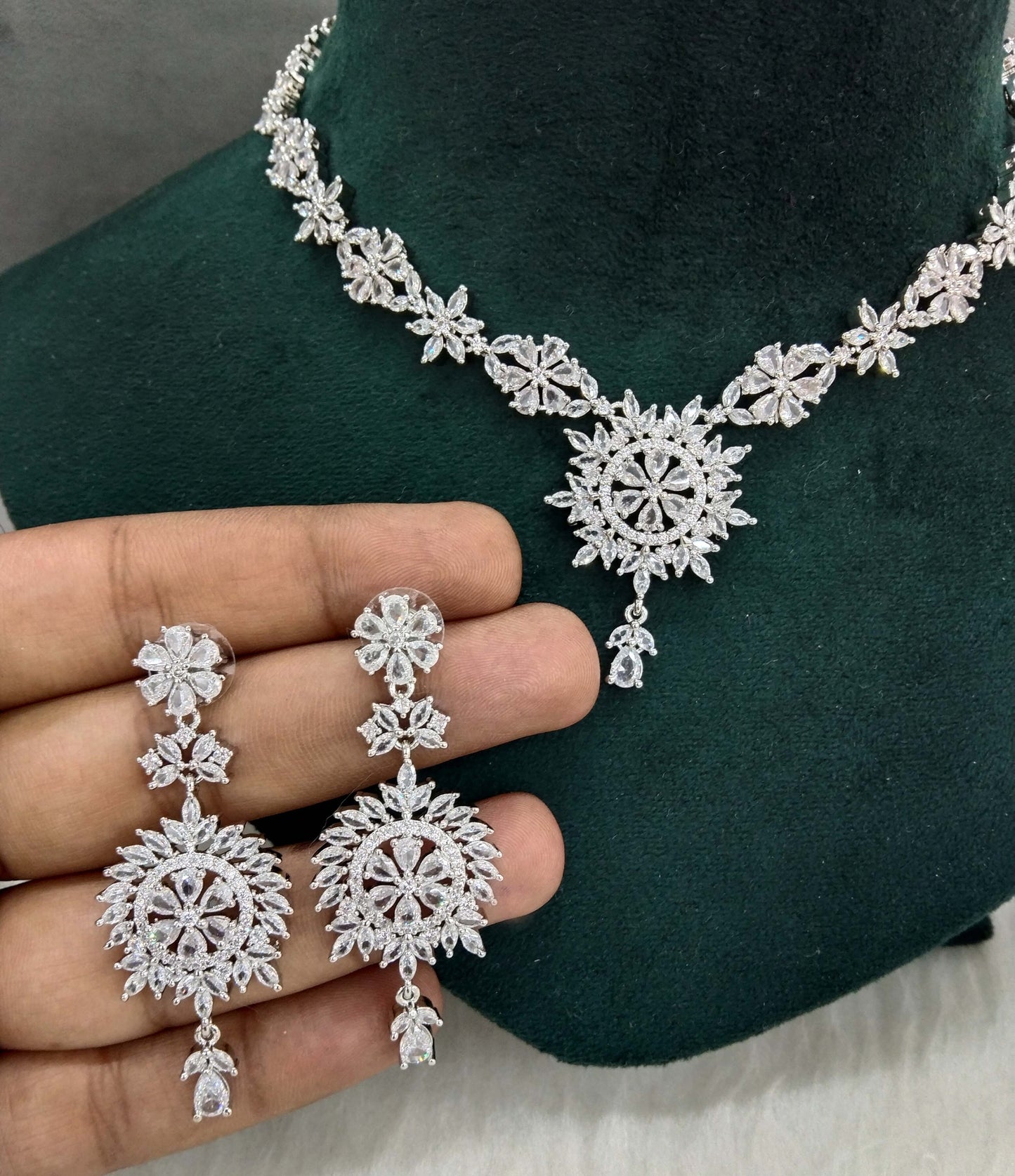 American Diamond Necklace Jewellery set, Silver necklace set CZ out necklace set
