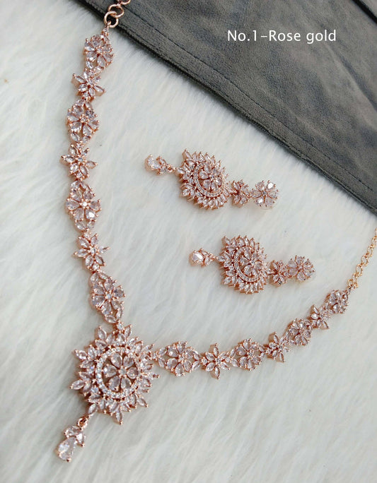 Cubic zirconia diamond necklace set, Rose gold necklace set CZ out necklace set