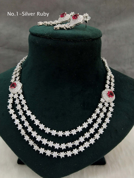 Cubic zirconia diamond Necklace Jewellery set, Silver ruby layered necklace set CZ chart necklace set