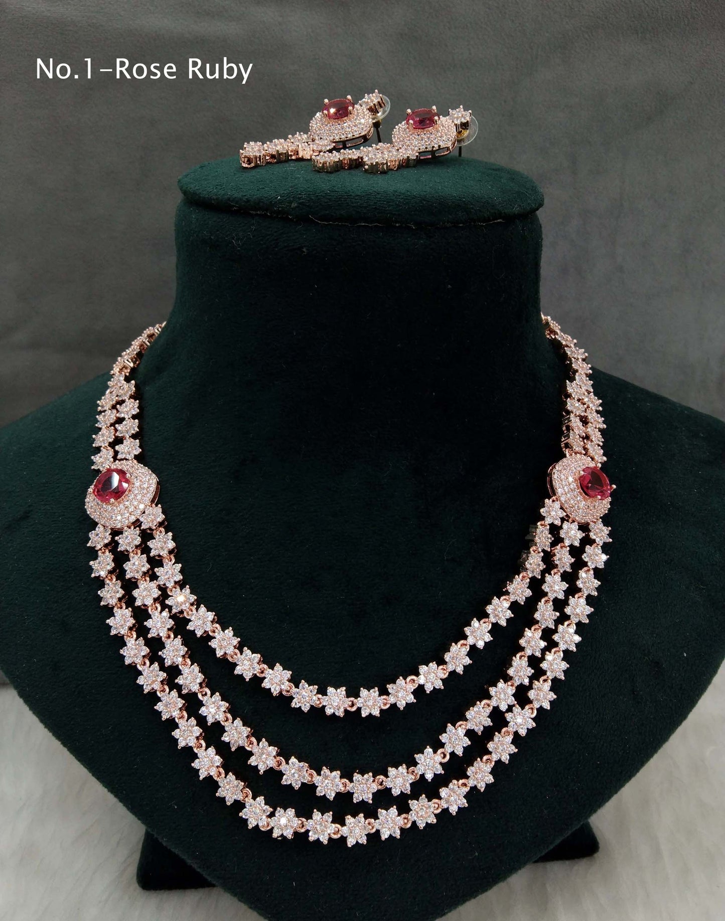 American Diamond Necklace Jewellery set, Rose ruby layered necklace set CZ chart necklace set