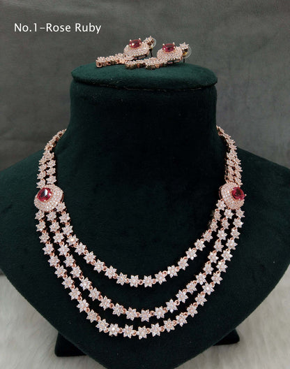 American Diamond Necklace Jewellery set, Rose ruby layered necklace set CZ chart necklace set
