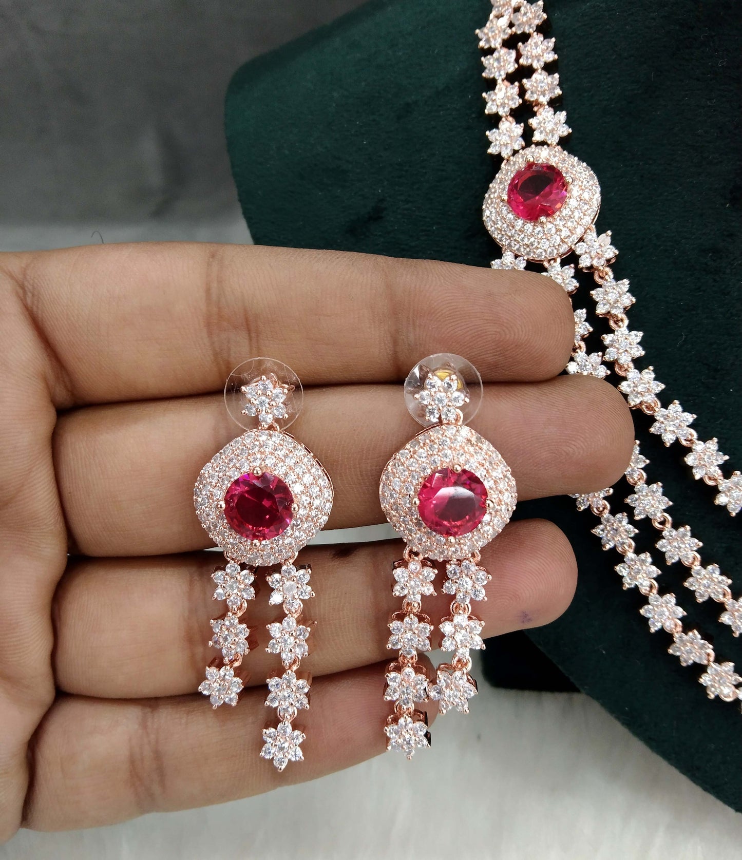 American Diamond Necklace Jewellery set, Rose ruby layered necklace set CZ chart necklace set