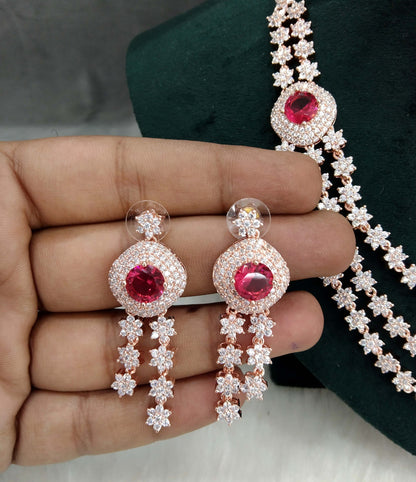 American Diamond Necklace Jewellery set, Rose ruby layered necklace set CZ chart necklace set