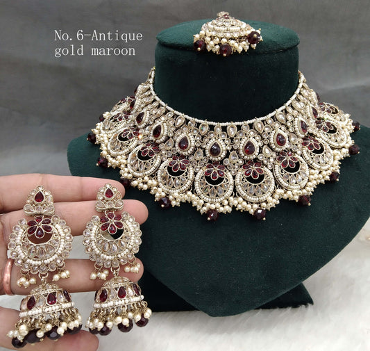 Indian Jewellery/ Antique gold maroon Bridal necklace Set Indian gold Harris Necklace