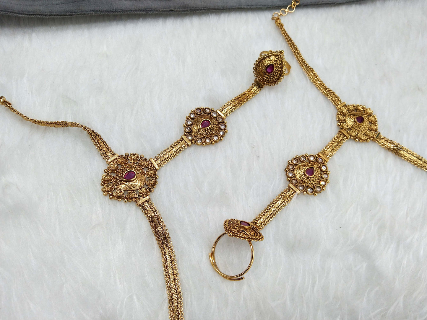 Indian Hand Bracelets   Jewellery/Gold Bridal Bracelet pair Finger ring Panja Bollywood Jewellery