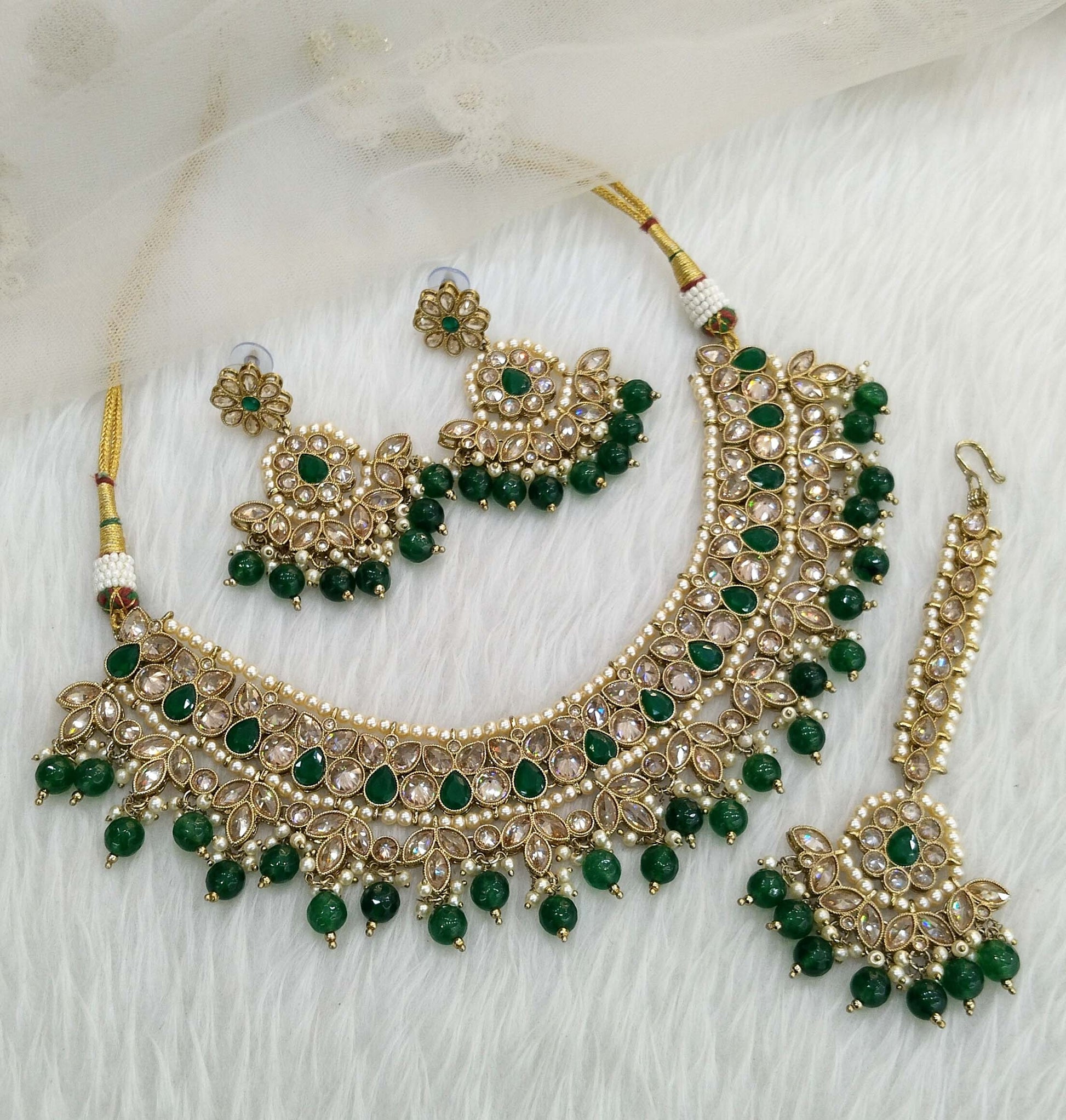 Antique Gold Green Necklace Set/ dark gold Indian Bridal origin