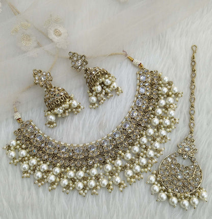Antique gold clear crystals  necklace Set/ Antique gold  Indian Bridal origin Jewellry