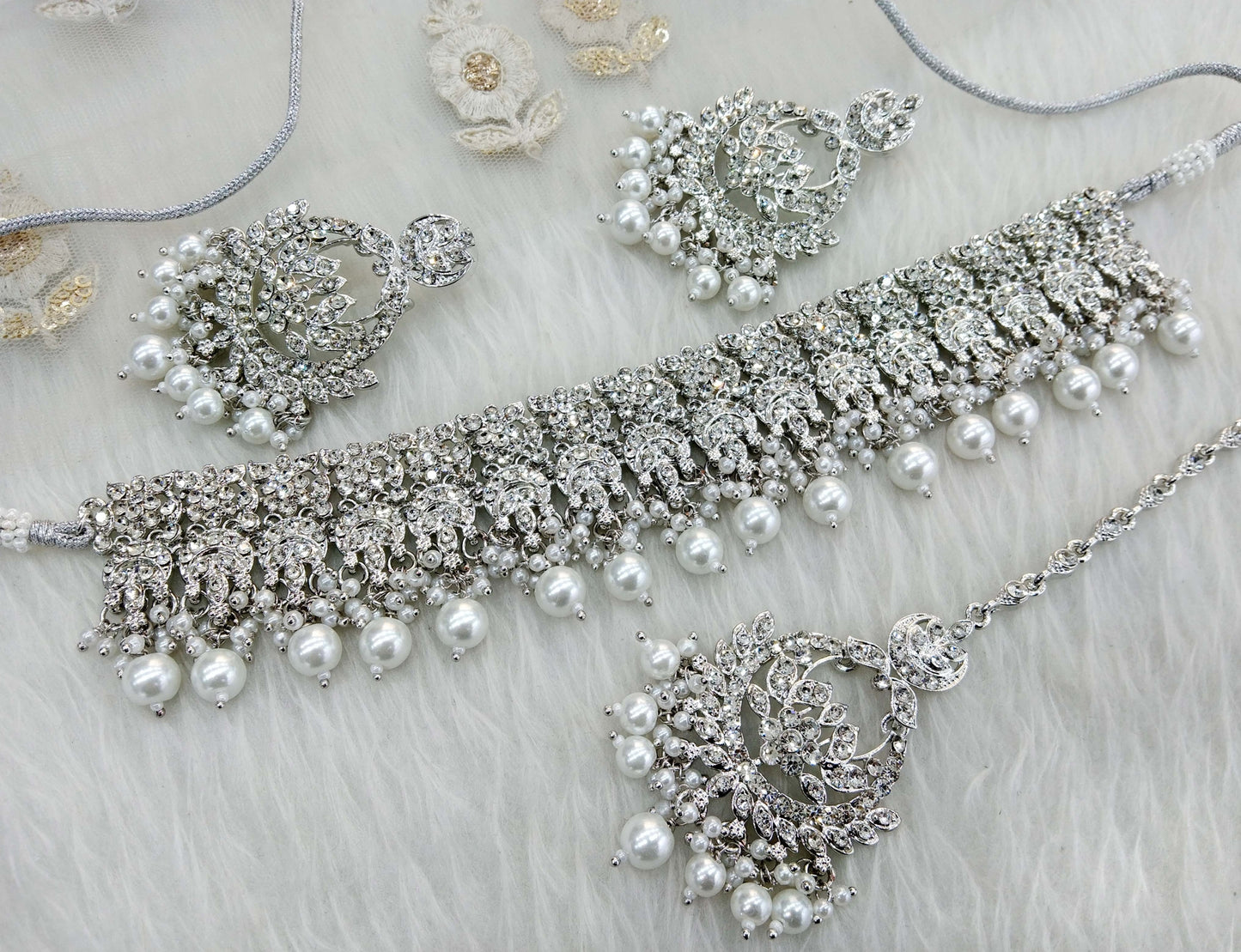 Silver Jewellery Choker Set /Silver finish Jewellery siki set