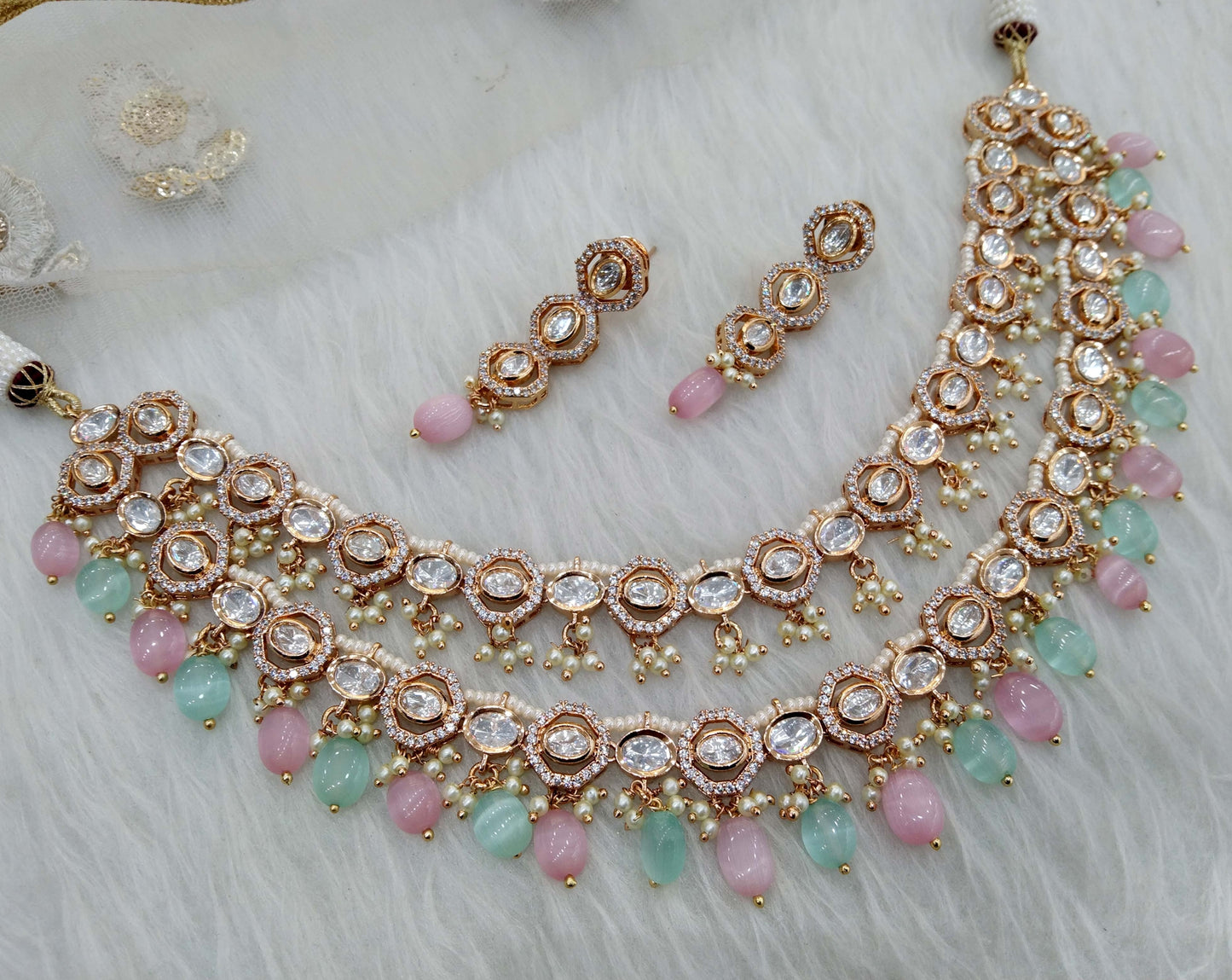 Gold mint pink Kundan necklace Set/ Gold kundan Indian jewellery kundan runes sets