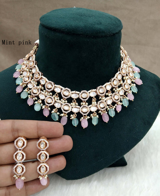 Gold mint pink Kundan necklace Set/ Gold kundan Indian jewellery kundan runes sets