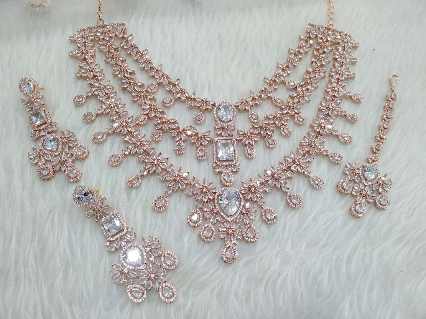 Cubic zirconia diamond necklace set, Rose gold cz bridal necklace set