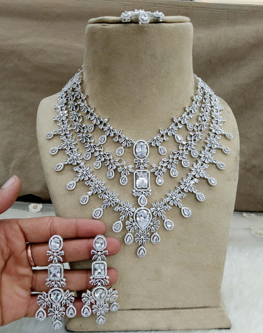 Cubic zirconia diamond necklace Jewellery set, Silver cz bridal necklace set