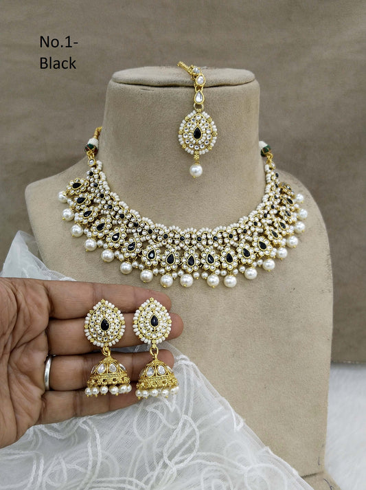 Kundan Necklace Jewellery Set/ Gold black kundan Indian jewellery kundan tinki sets