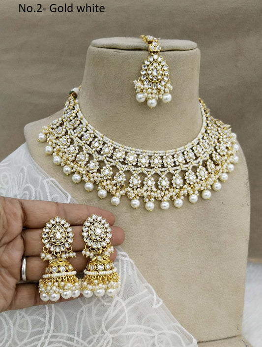 Gold Kundan necklace Set/ Gold white kundan Indian jewelry kundan sika sets