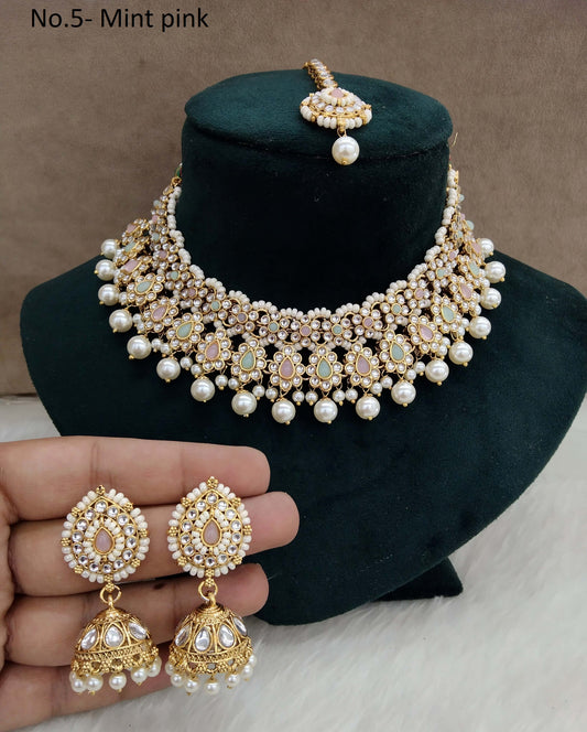 Gold Kundan Necklace Set/ Gold mint pink kundan Indian jewellery kundan tinki sets