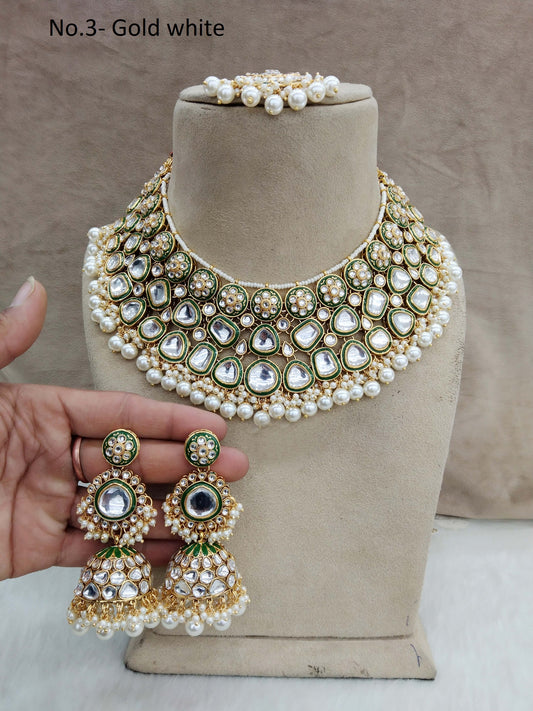 Indian Jewellery/ Gold white Bridal Kundan necklace Set Bridal Jewellery Tiny Necklace