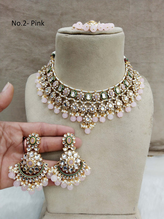 Gold Kundan Necklace Jewellery Set/ Gold pink  kundan Indian jewellery kundan disco sets