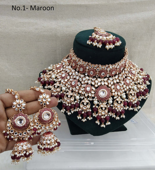 Roségoldenes kastanienbraunes Kundan-Halsketten-Set / Roségoldene indische Kundan-Sets