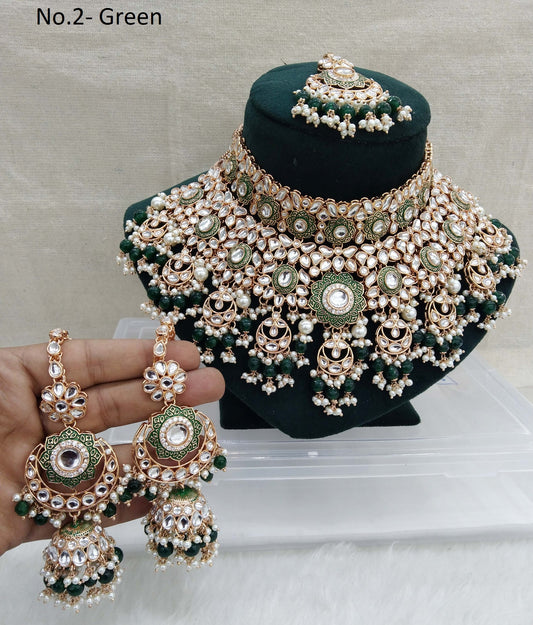 Roségold grünes Kundan Choker Halskette Set/ Roségold Indische Kundan Sets