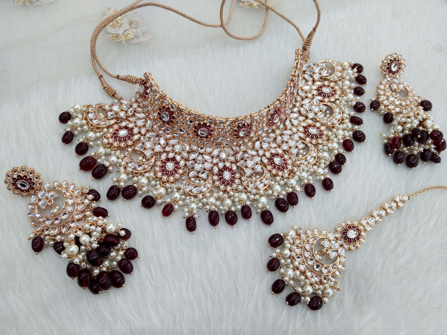 Rose gold maroon kundan choker necklace Set/ Rose gold Indian kundan  sets