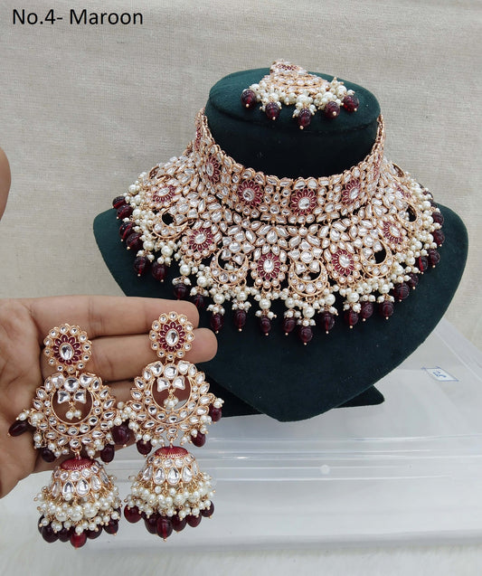 Roségoldenes kastanienbraunes Kundan-Halsketten-Set / Roségoldene indische Kundan-Sets