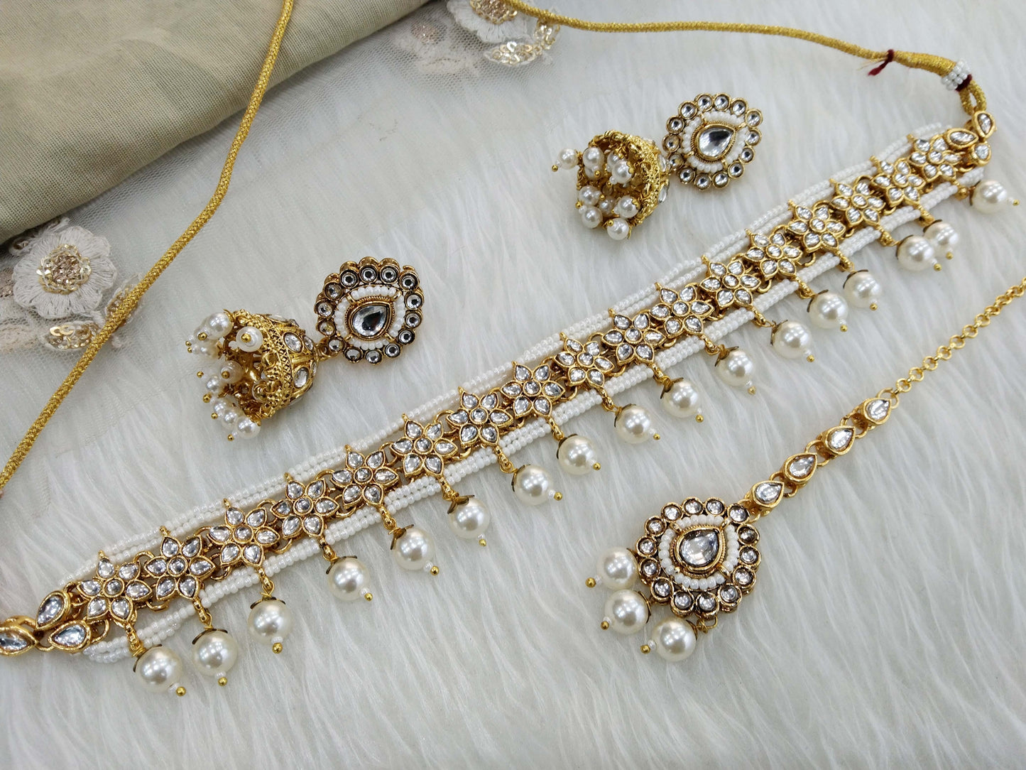 Gold white kundan Choker Set Necklace Earrings Set/ choker set Indian Jewellery Necklace Set/Indian Choker domain Set