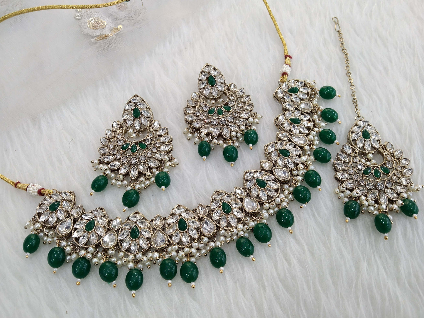 Antique Gold Necklace set/ Antique green necklace Indian mony jewellery set
