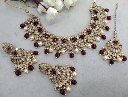 Antique  Gold necklace set/ dark gold maroon necklace Indian rasha jewellery set