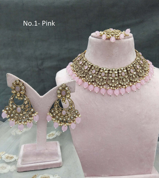 Antique Gold Cecklace Set/ dark gold pink necklace Indian oory jewellery set