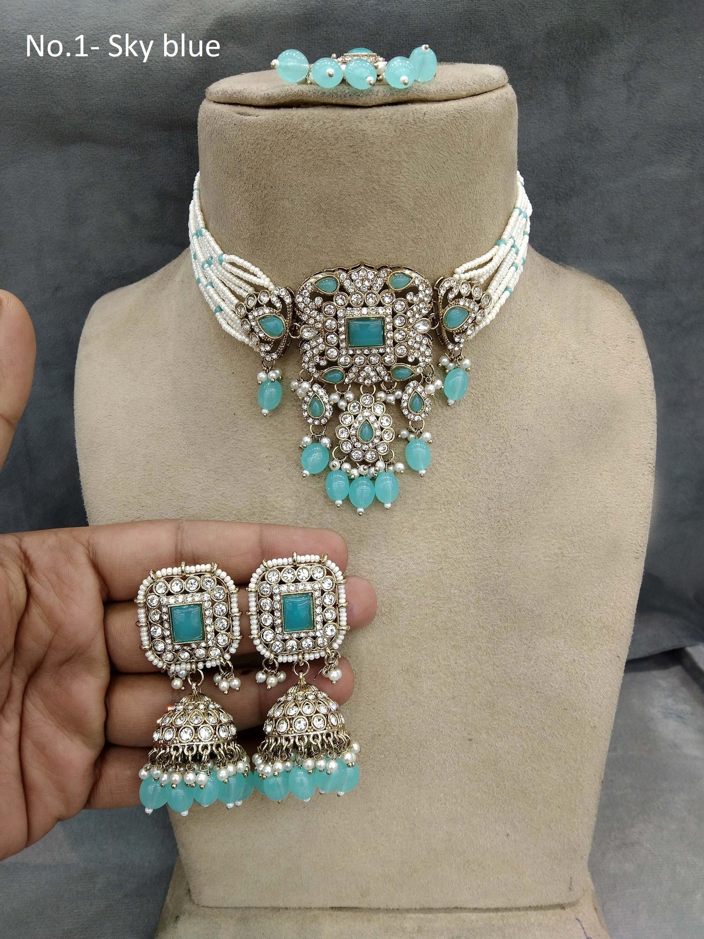 Choker Set / Sky blue choker Jewellery set/Indian simi choker set