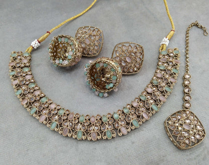 Antique Gold Necklace Jewellery Set/ dark gold  pink Indian Bridal Wedding niti Jewellery