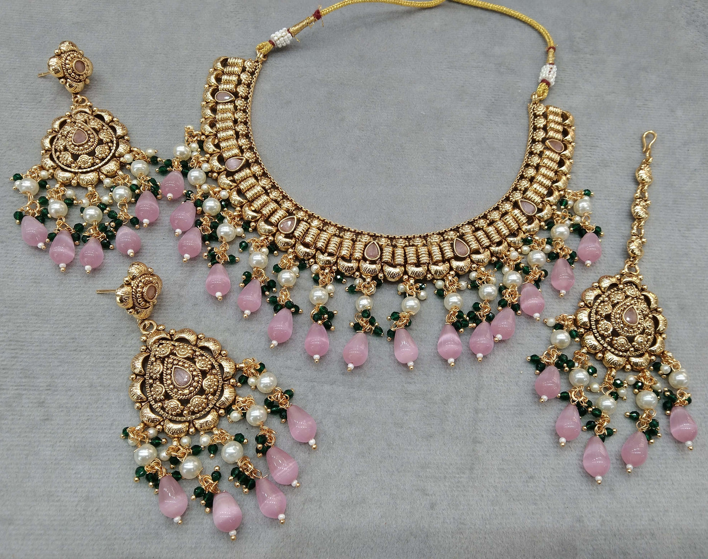 Gold pink polki necklace Indian punjabi birpal Jewellery
