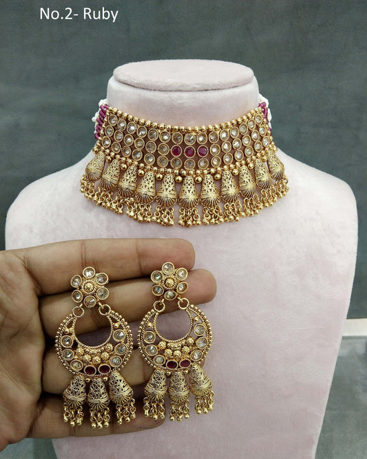 Gold Look Ruby Polki Choker Indian Jewellery Chil Set