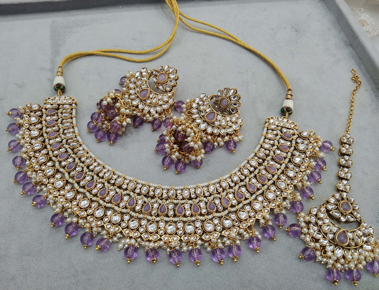Gold lavender Kundan Necklace nili indian jewellery Set