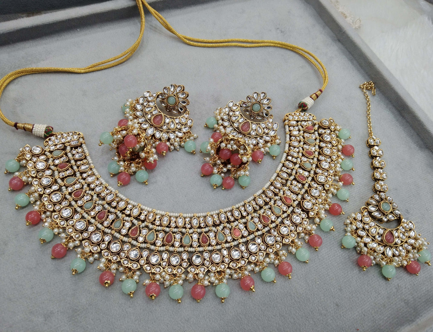 Gold Gajjri Mint Kundan Necklace nili indian jewellery Set