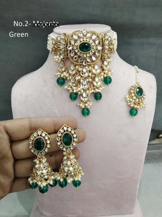 Green Choker Indian Jewellery Gold Kundan Necklace Arsh Set