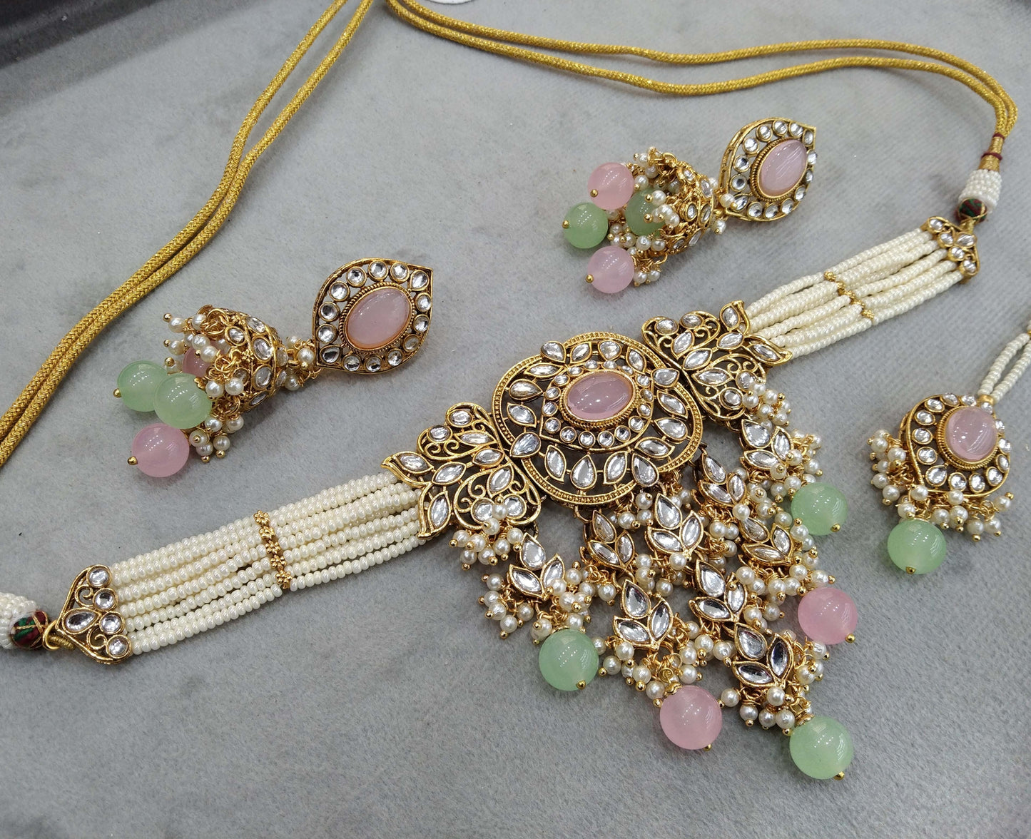 Indian jewelry jewellery Gold mint pink kundan choker arsh set