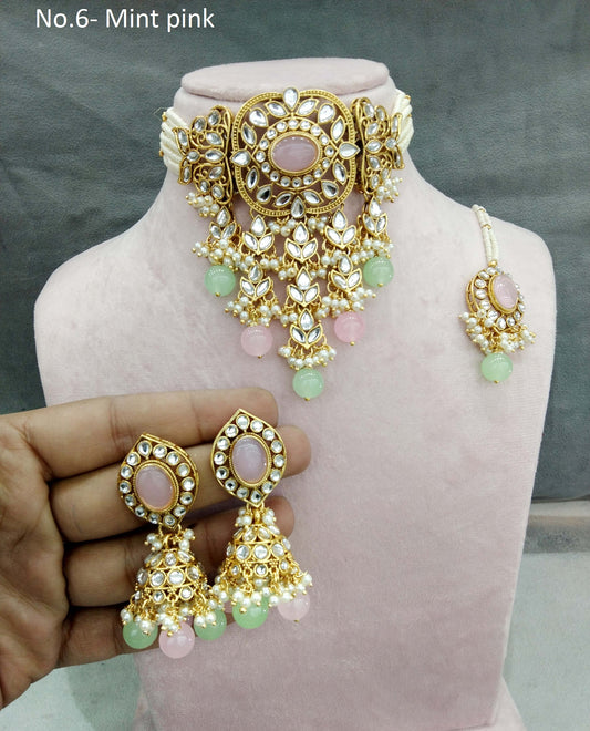 Indian jewelry jewellery Gold mint pink kundan choker arsh set