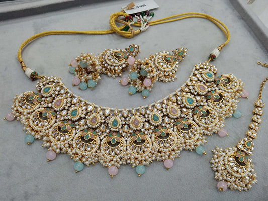 Indian Jewellery/ Gold sea green pink Kundan necklace Set Indian gold  Harris Necklace