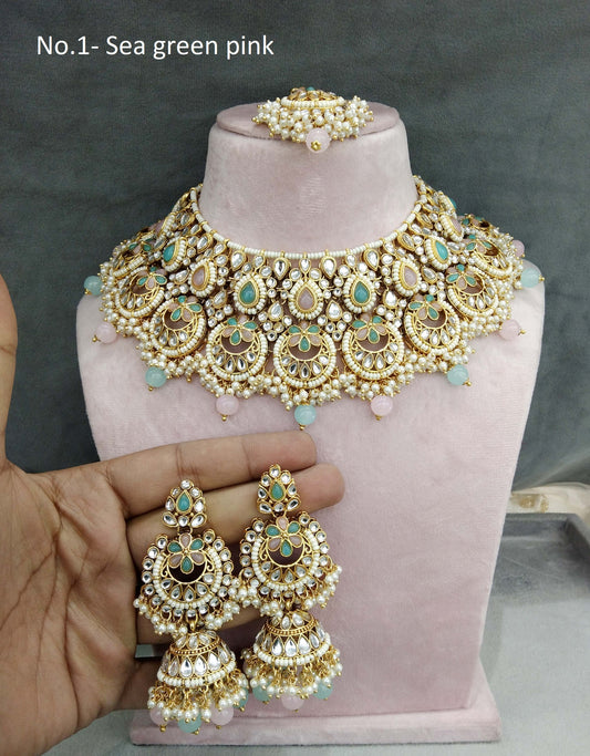 Indian Jewellery/ Gold sea green pink Kundan necklace Set Indian gold  Harris Necklace
