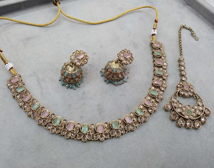 Antique Gold Mint pink Indian niti Jewellery necklace set