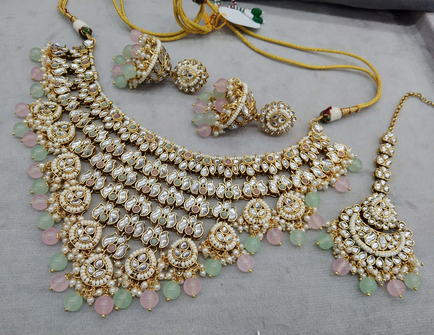 Gold mint pink kundan necklace Jewellery Indian jewellery timi sets